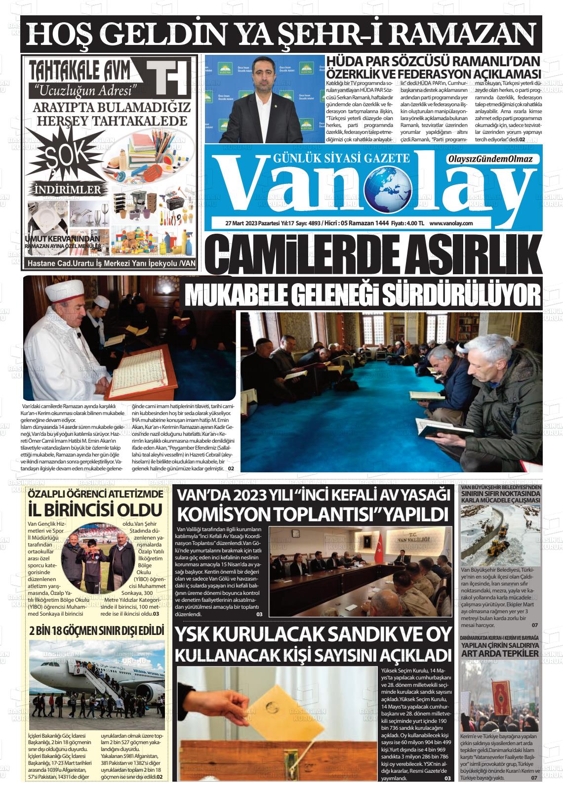 27 Mart 2023 Van Olay Gazete Manşeti