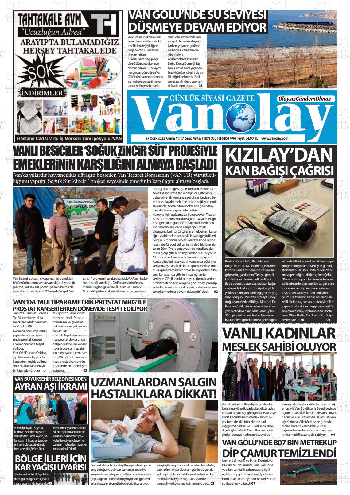 27 Ocak 2023 Van Olay Gazete Manşeti