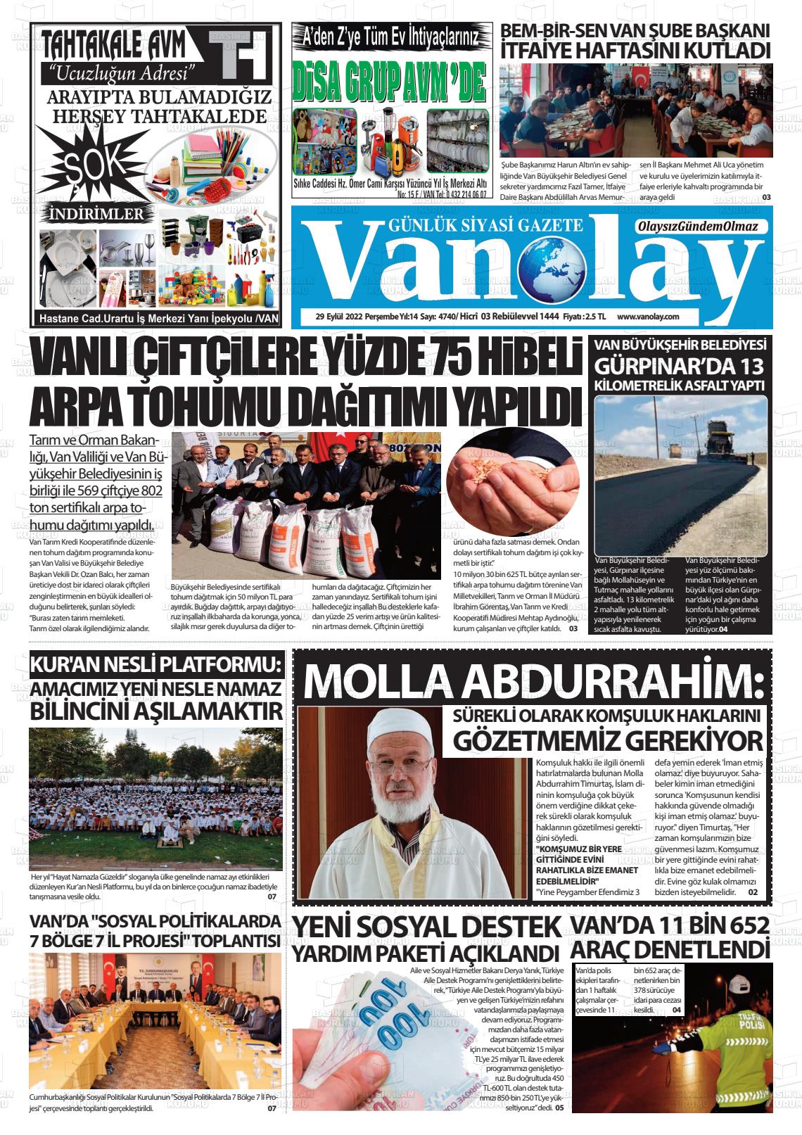 29 Eylül 2022 Van Olay Gazete Manşeti