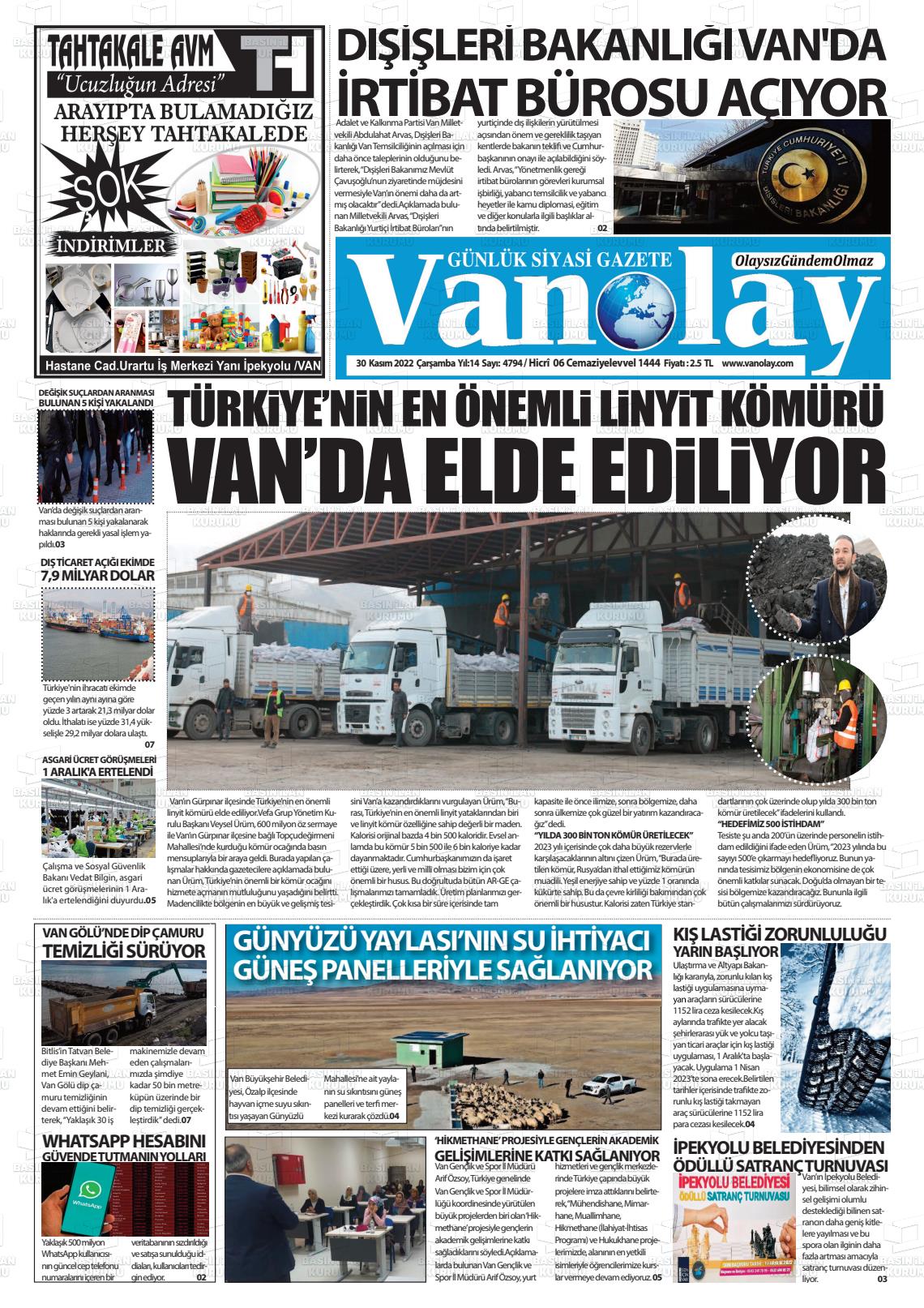 30 Kasım 2022 Van Olay Gazete Manşeti
