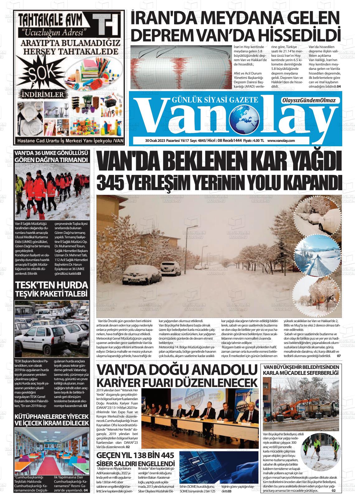 30 Ocak 2023 Van Olay Gazete Manşeti