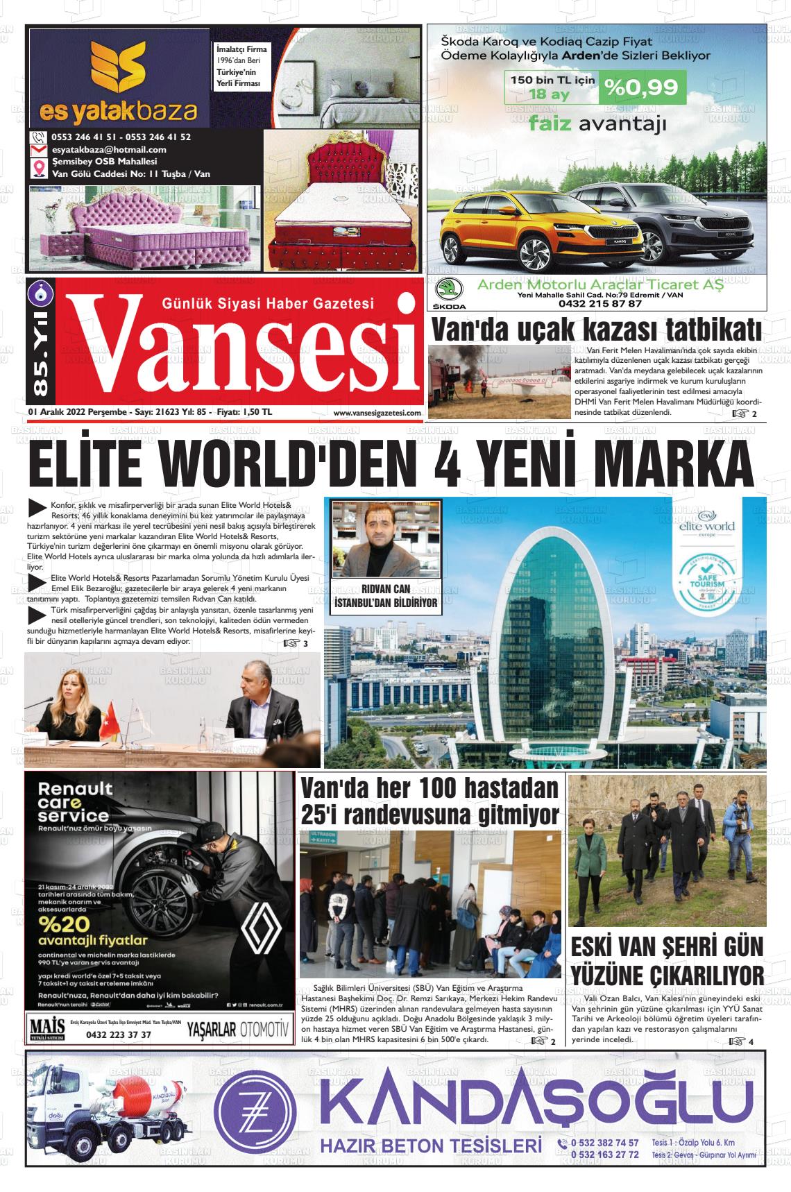 01 Aralık 2022 Vansesi Gazete Manşeti