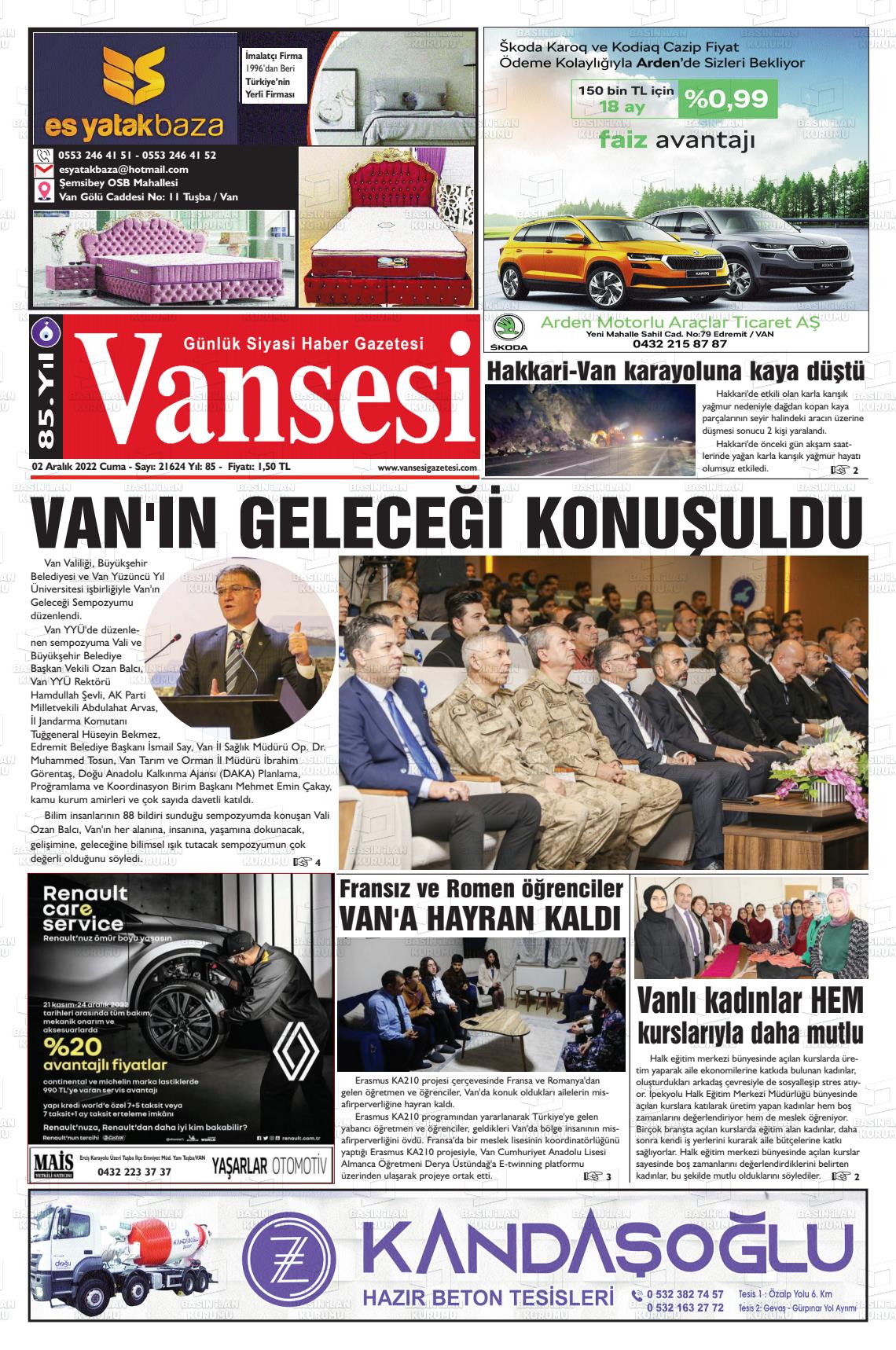 02 Aralık 2022 Vansesi Gazete Manşeti