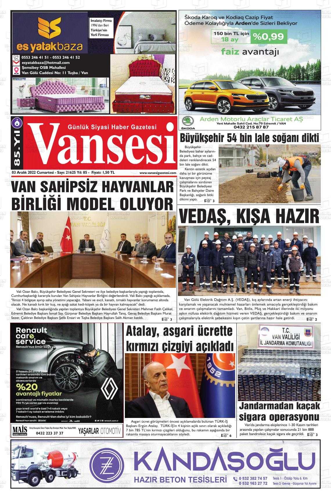 03 Aralık 2022 Vansesi Gazete Manşeti
