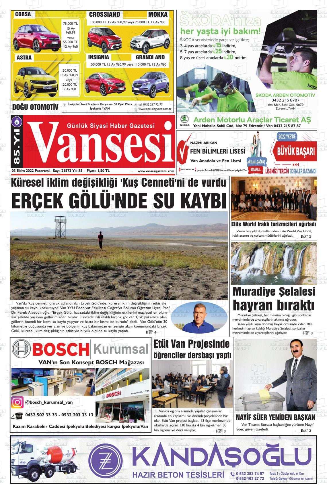03 Ekim 2022 Vansesi Gazete Manşeti