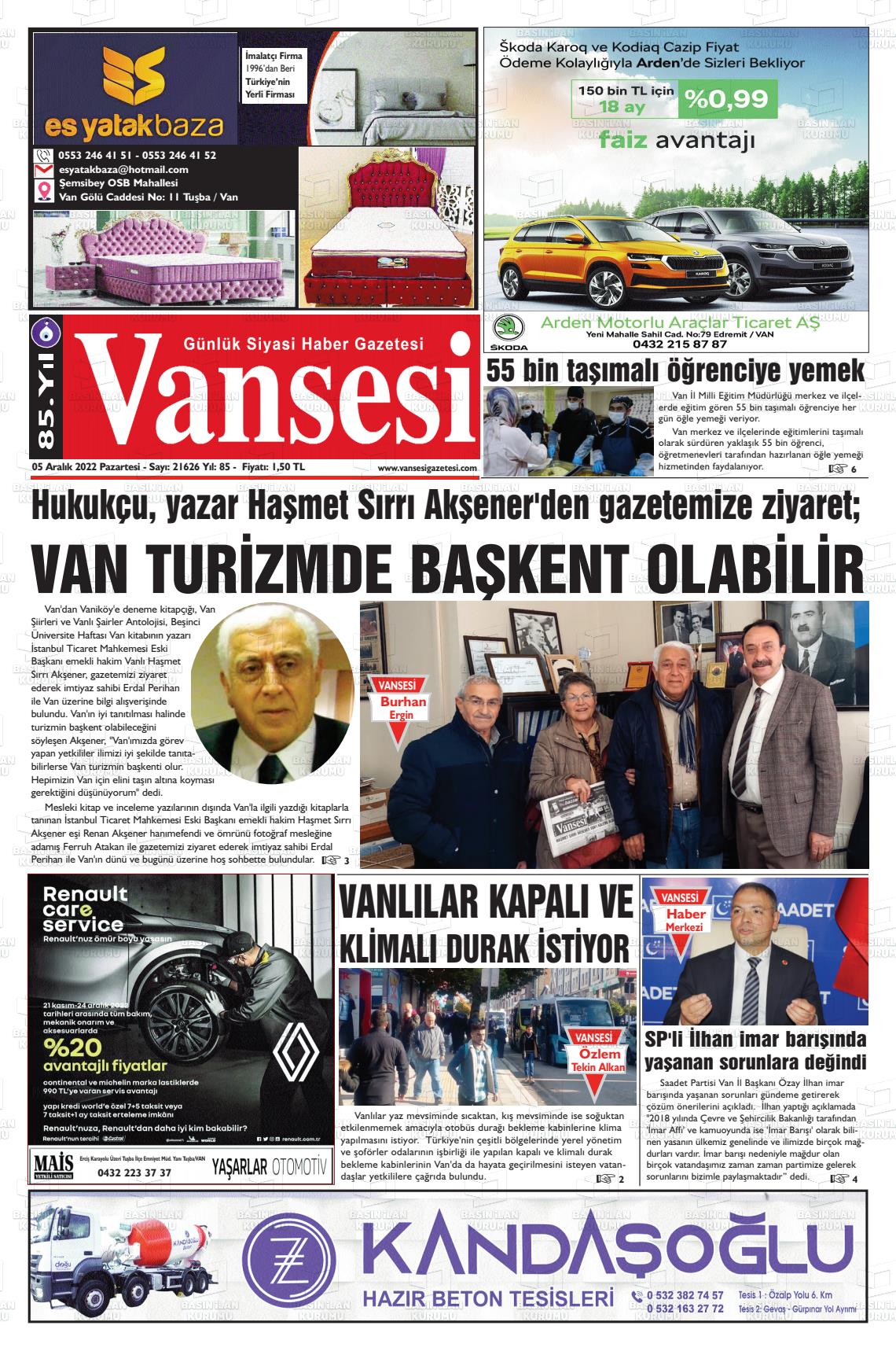05 Aralık 2022 Vansesi Gazete Manşeti