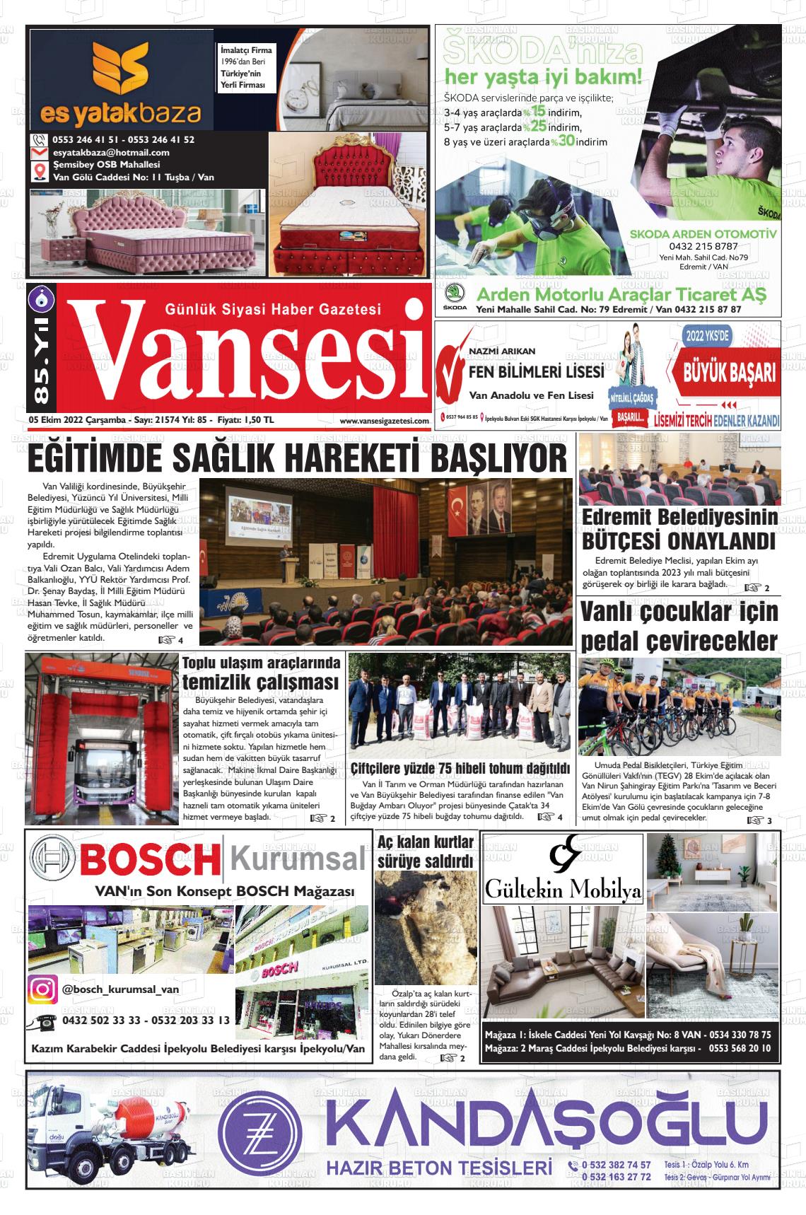 05 Ekim 2022 Vansesi Gazete Manşeti