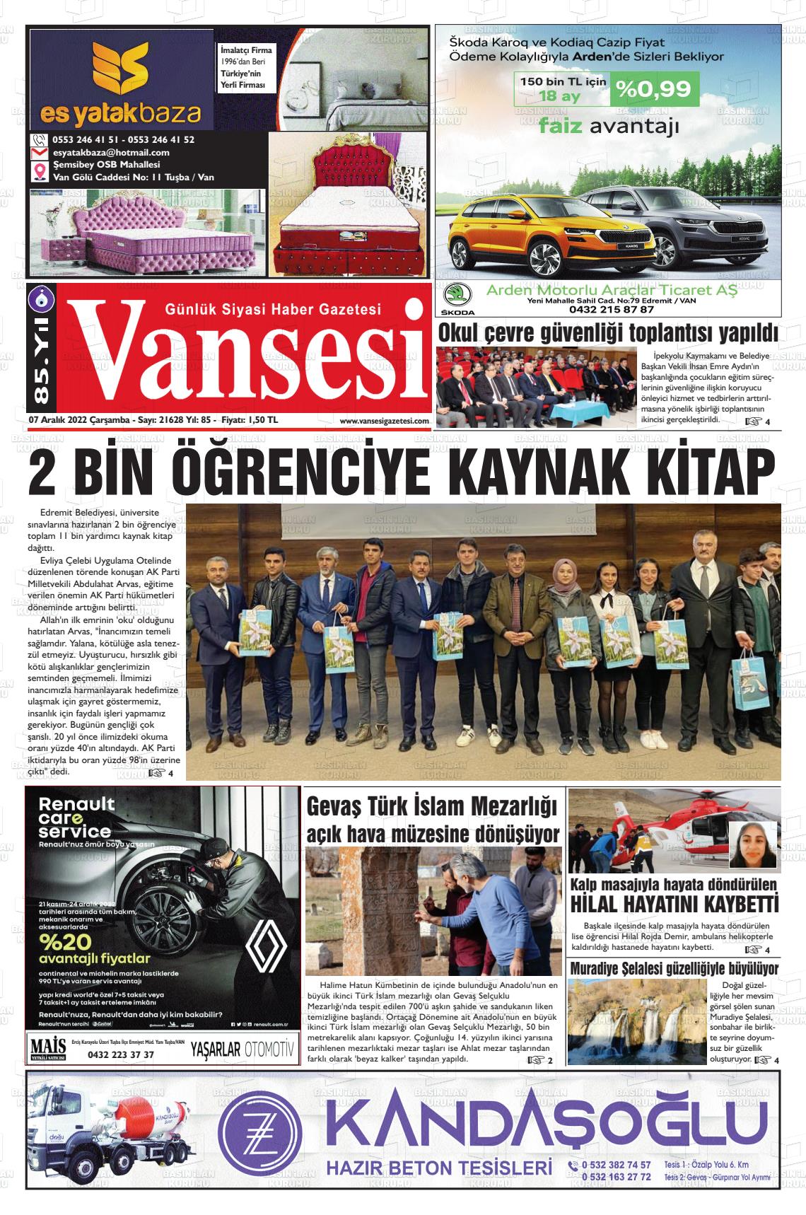 07 Aralık 2022 Vansesi Gazete Manşeti