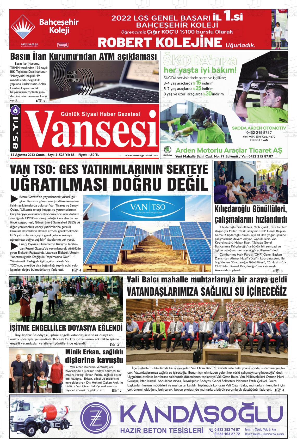 12 Ağustos 2022 Vansesi Gazete Manşeti
