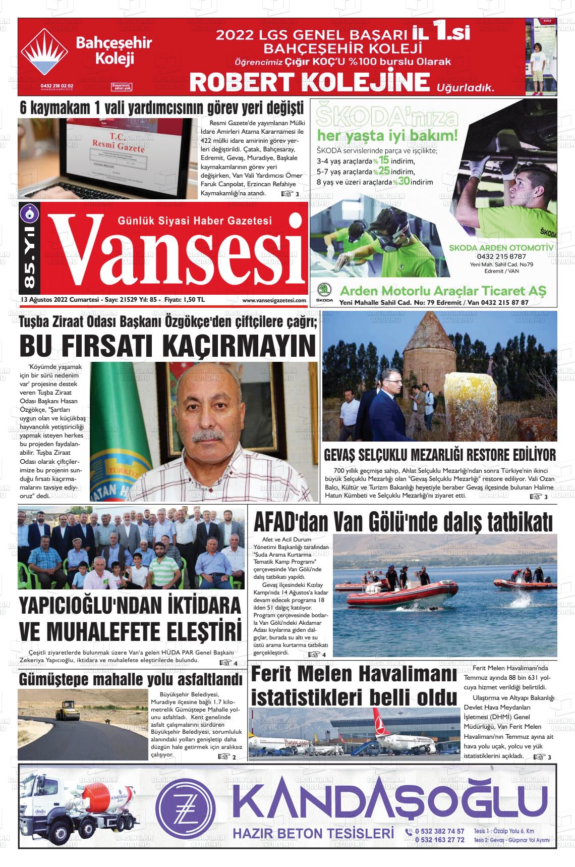 13 Ağustos 2022 Vansesi Gazete Manşeti