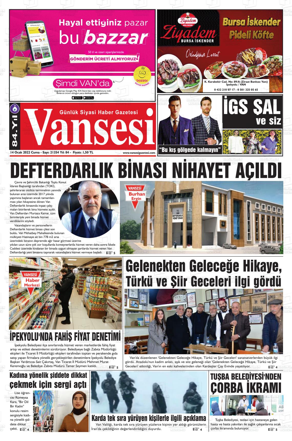 14 Ocak 2022 Vansesi Gazete Manşeti