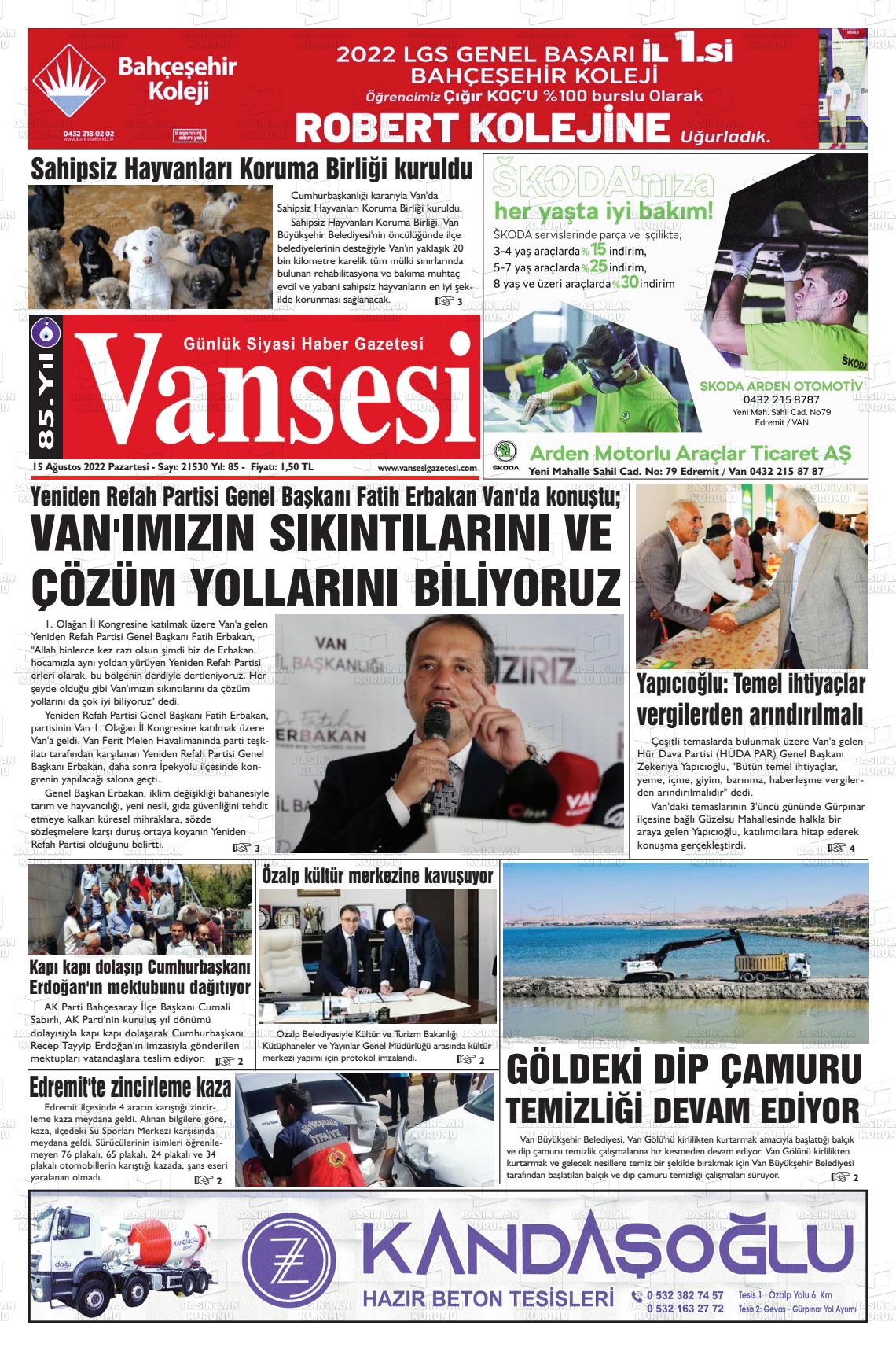 15 Ağustos 2022 Vansesi Gazete Manşeti
