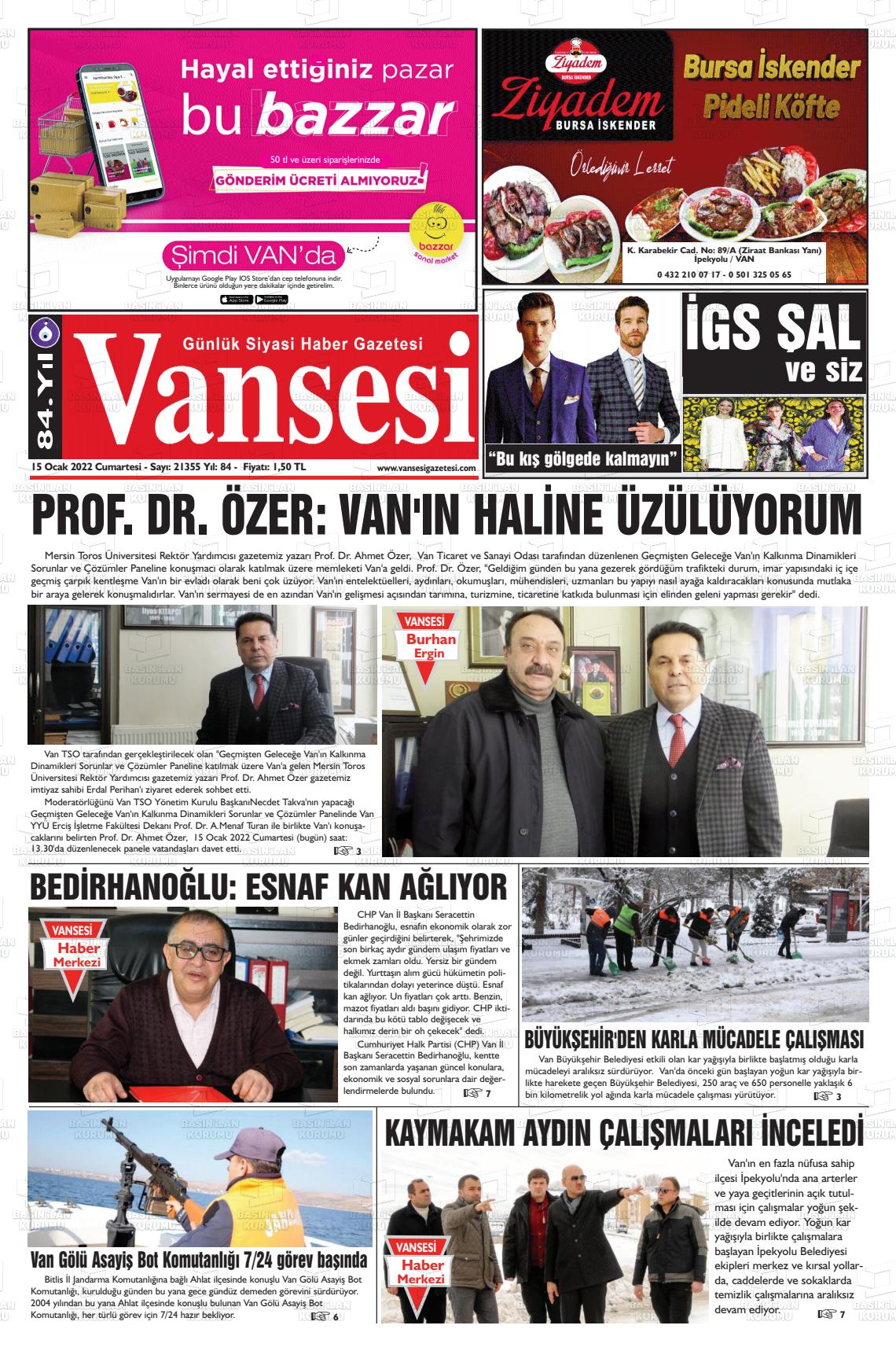 15 Ocak 2022 Vansesi Gazete Manşeti