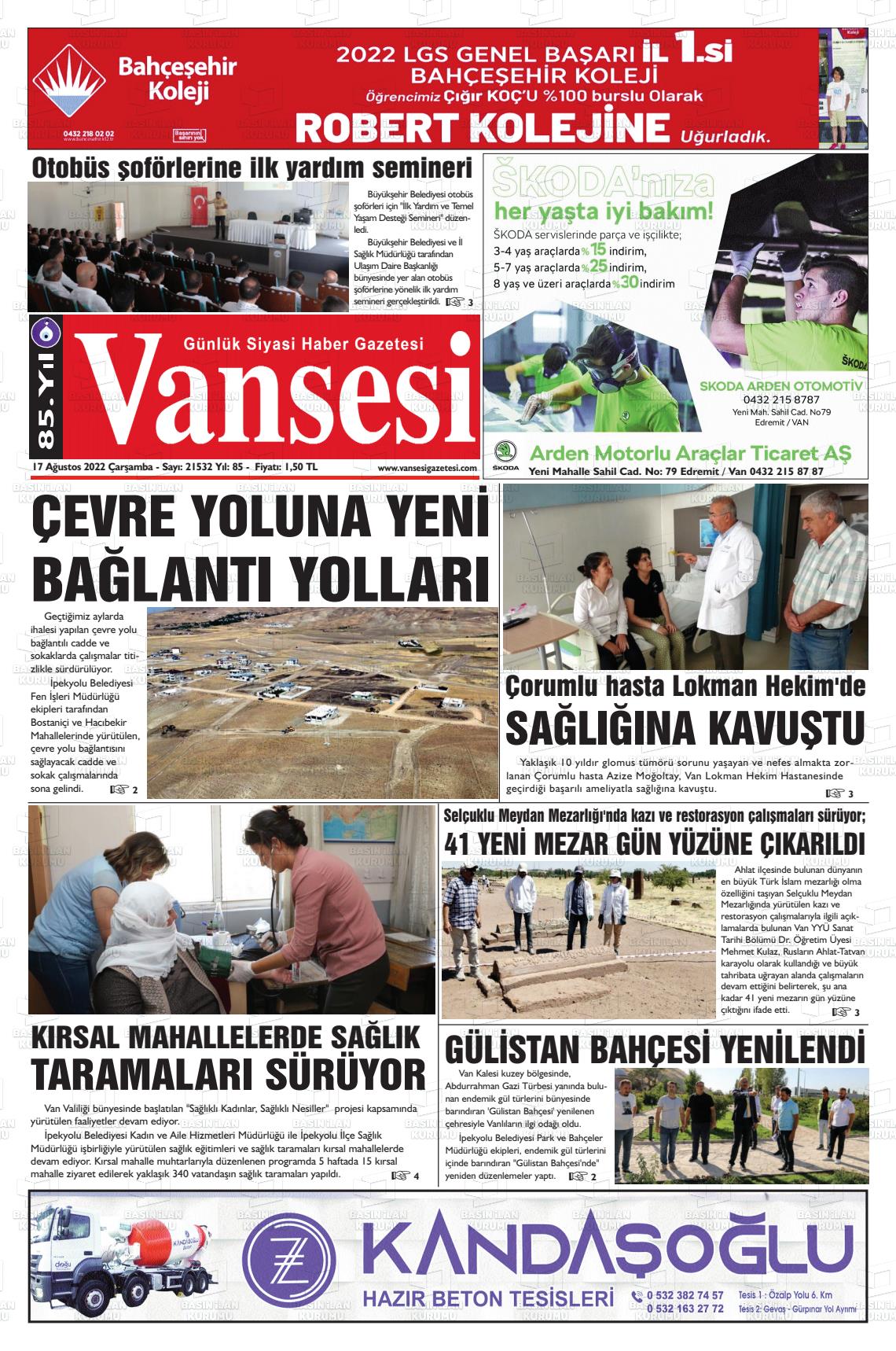 17 Ağustos 2022 Vansesi Gazete Manşeti