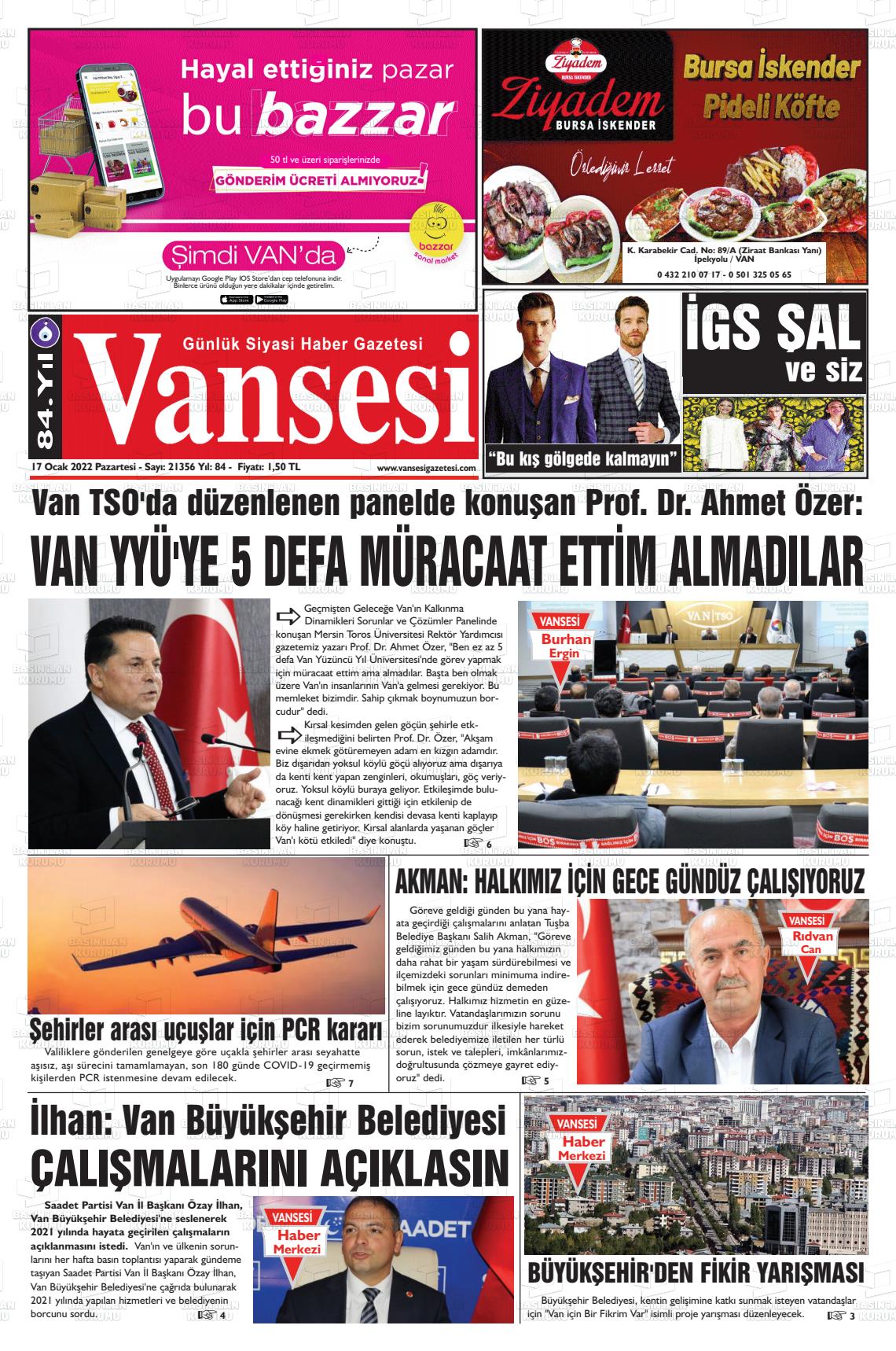 17 Ocak 2022 Vansesi Gazete Manşeti