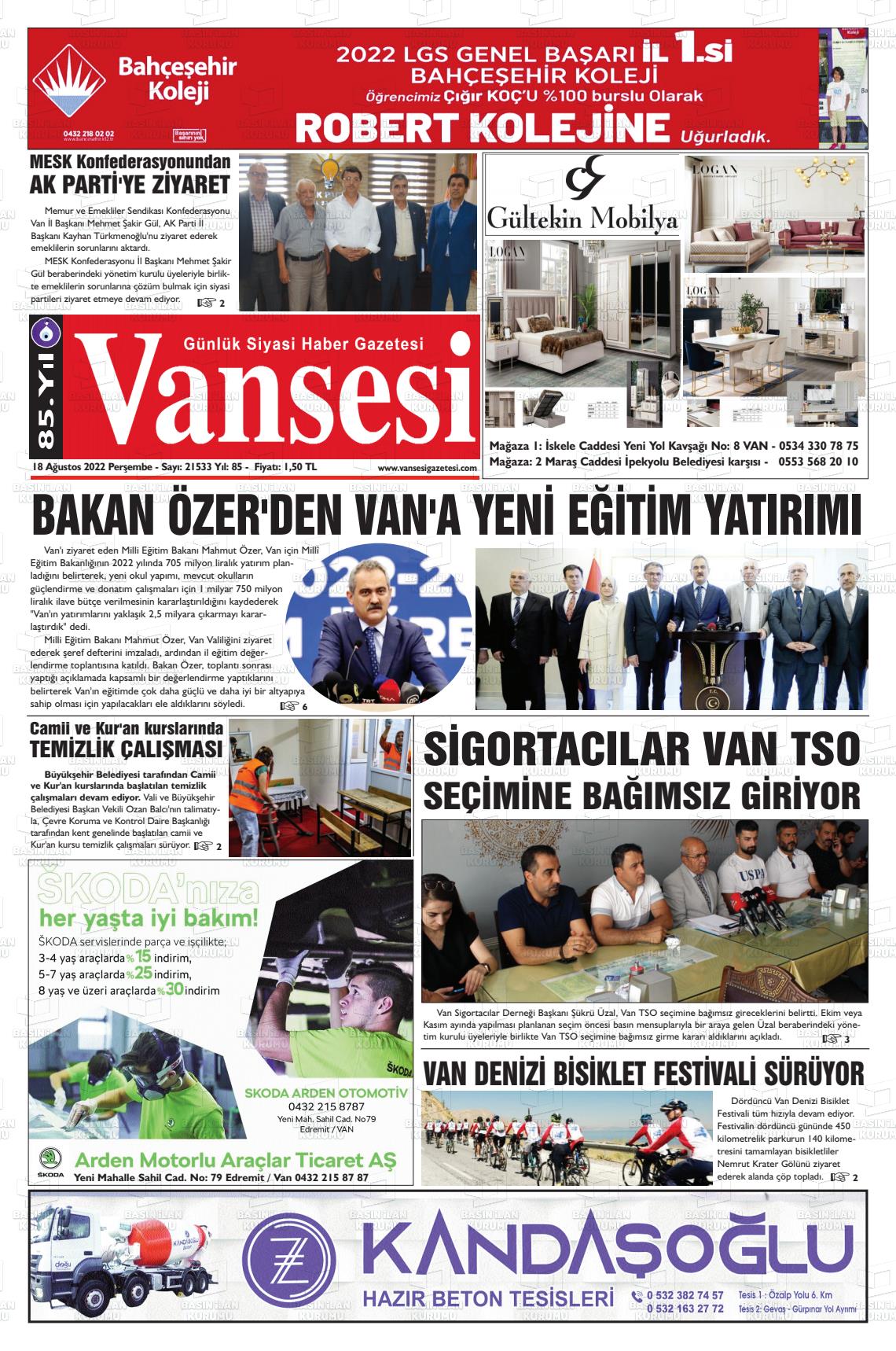 18 Ağustos 2022 Vansesi Gazete Manşeti
