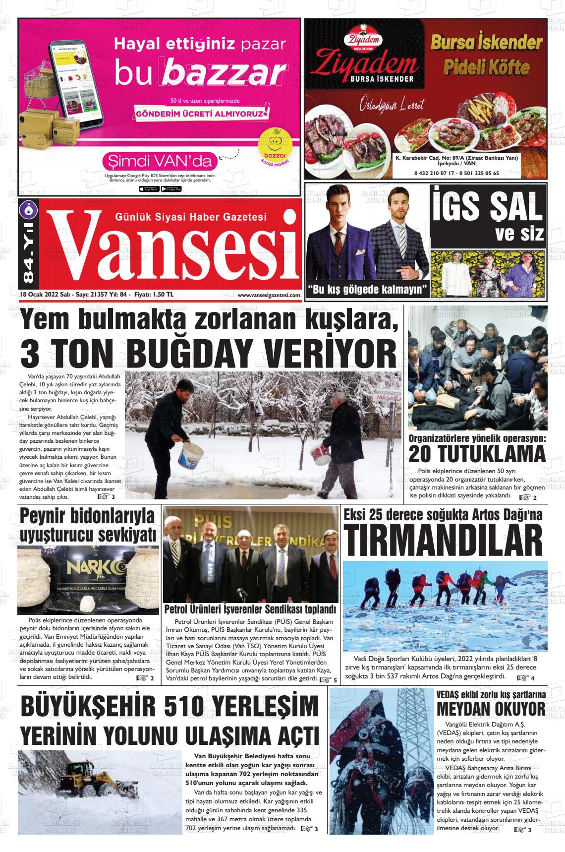 18 Ocak 2022 Vansesi Gazete Manşeti