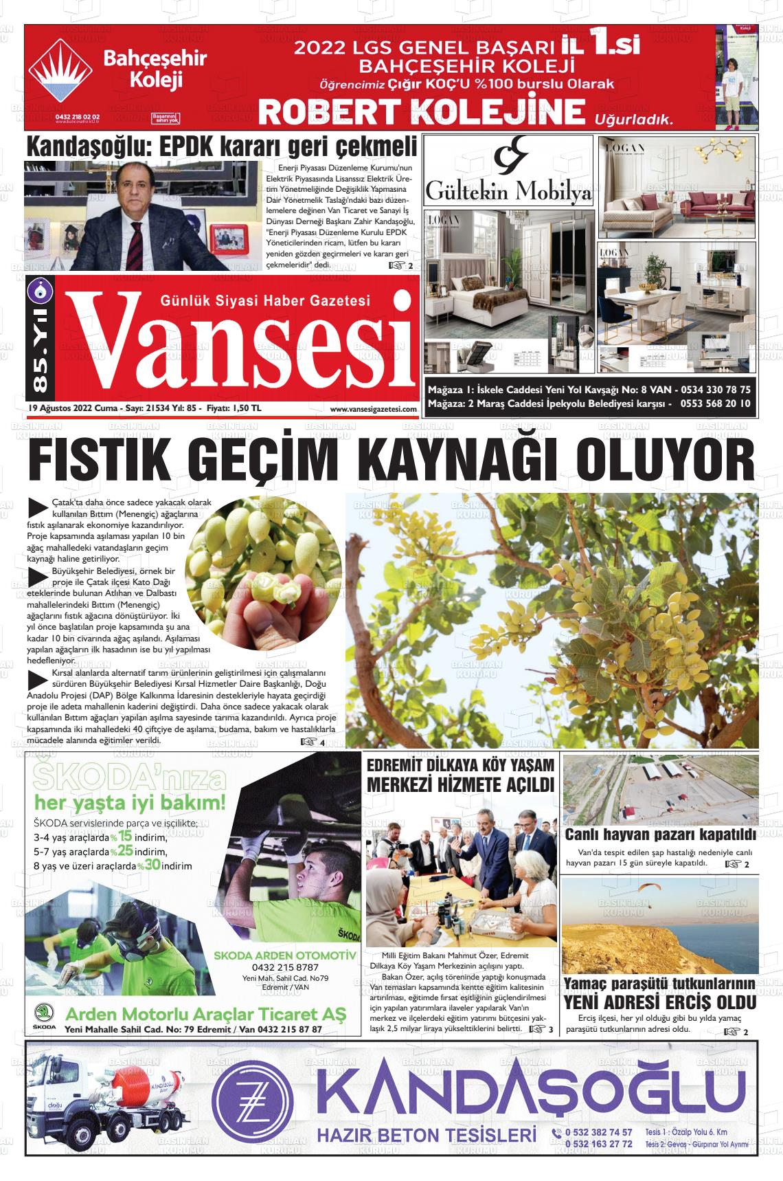 19 Ağustos 2022 Vansesi Gazete Manşeti
