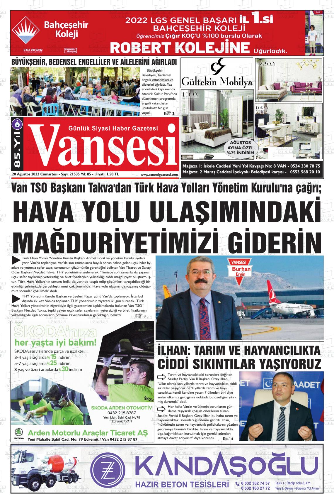 20 Ağustos 2022 Vansesi Gazete Manşeti