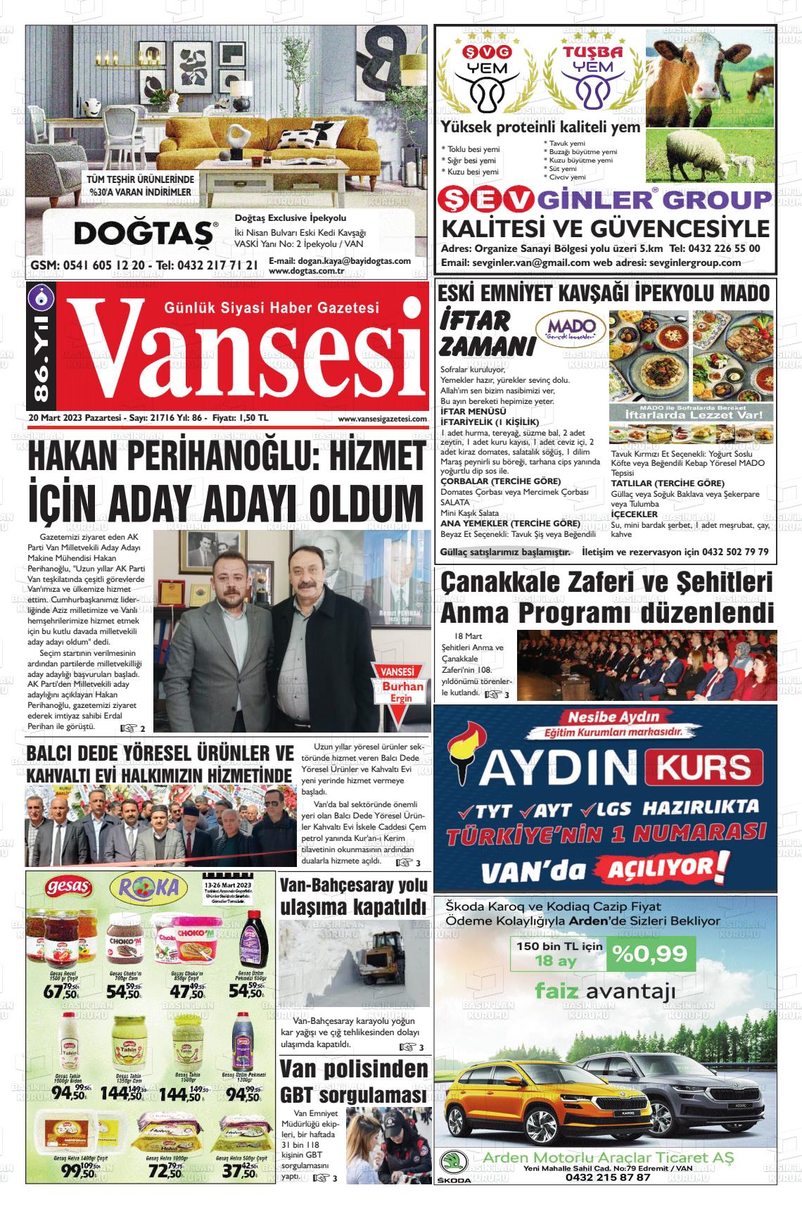 20 Mart 2023 Vansesi Gazete Manşeti