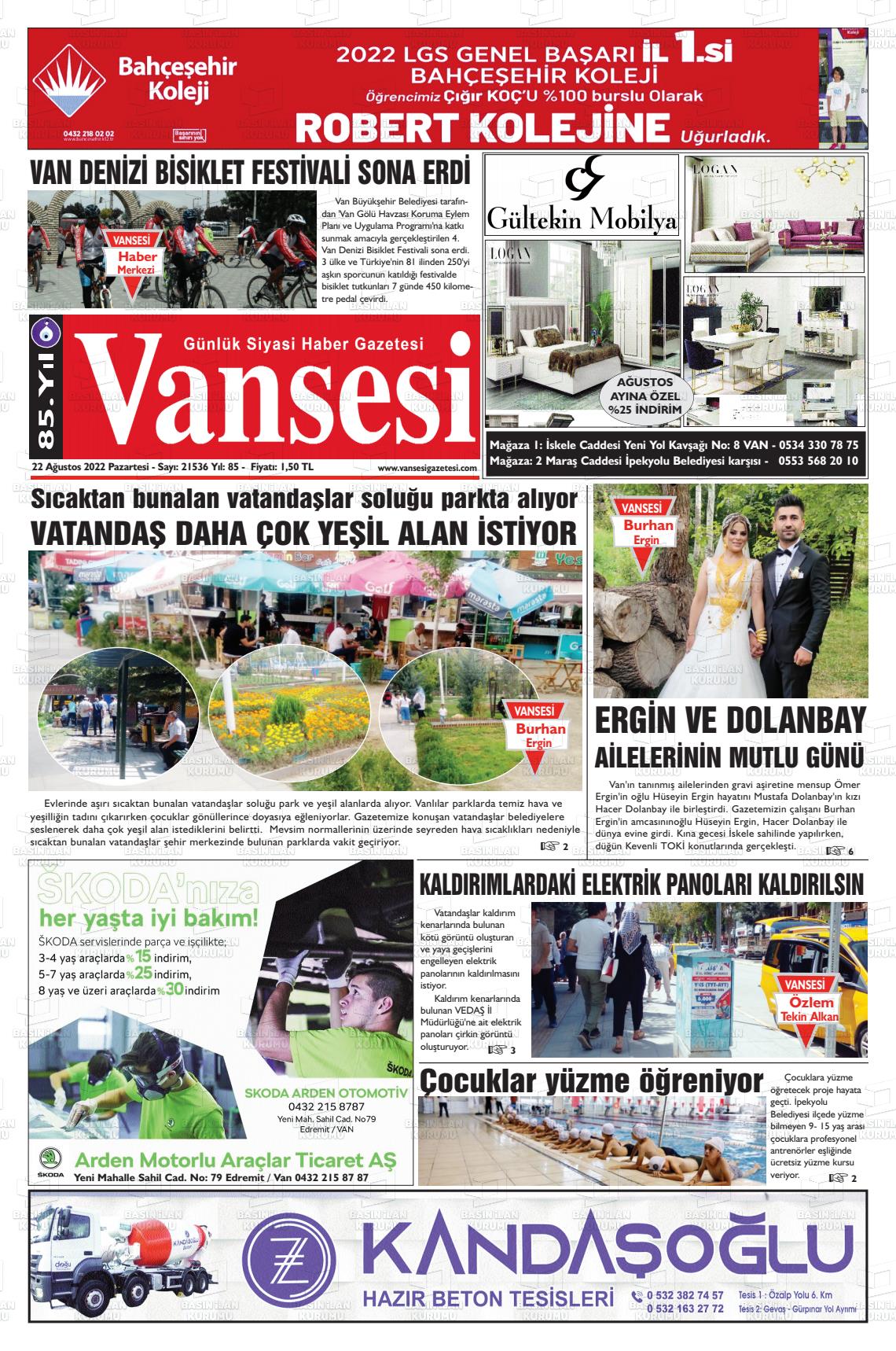 22 Ağustos 2022 Vansesi Gazete Manşeti