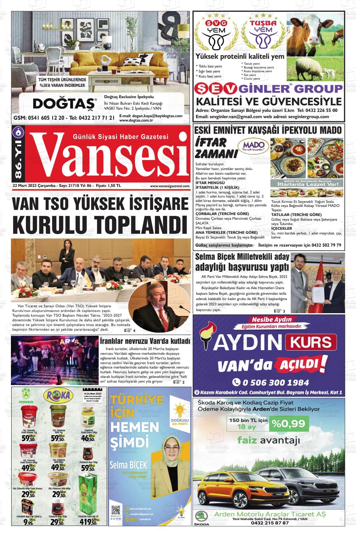 22 Mart 2023 Vansesi Gazete Manşeti