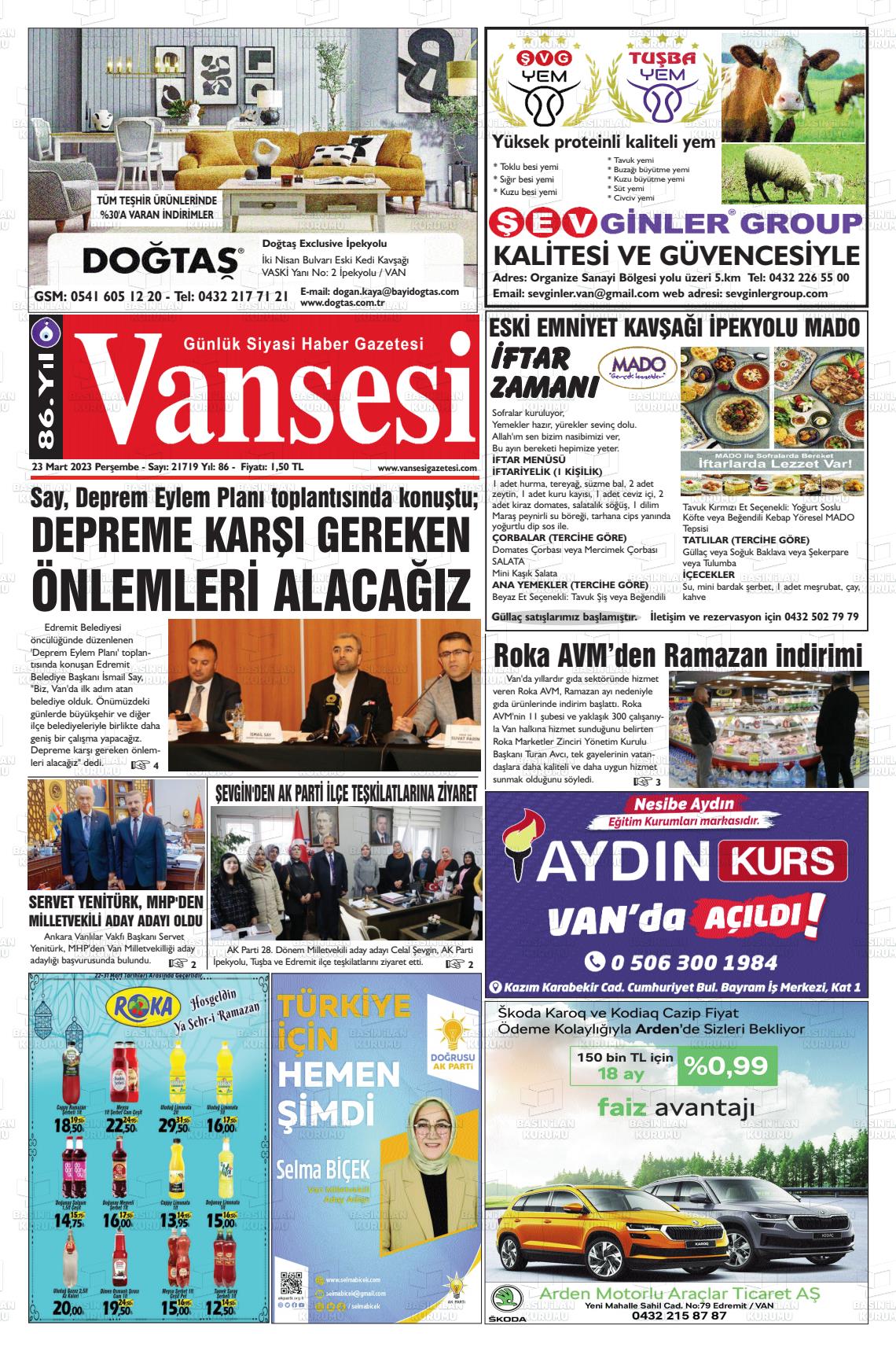 23 Mart 2023 Vansesi Gazete Manşeti