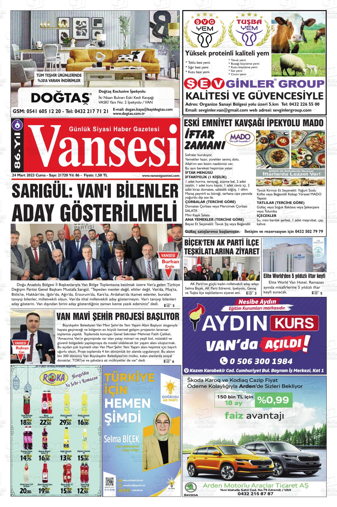 24 Mart 2023 Vansesi Gazete Manşeti