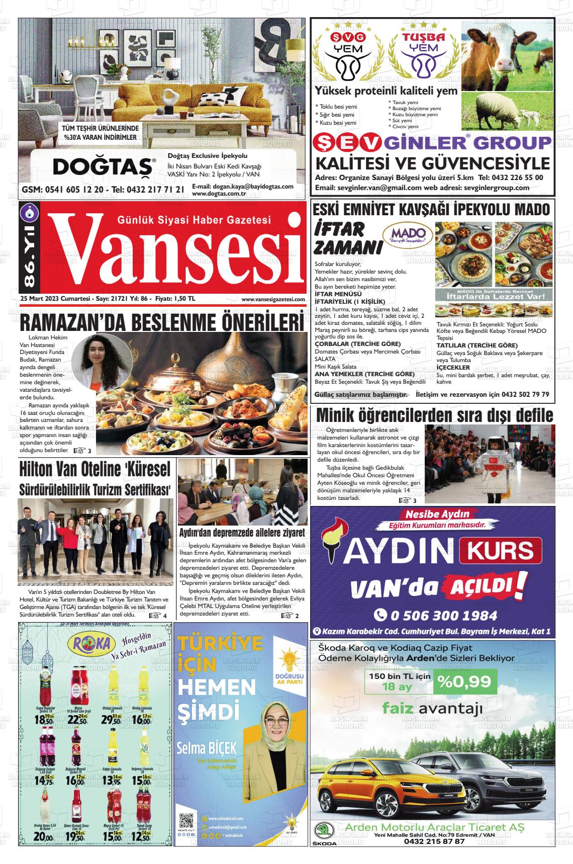 25 Mart 2023 Vansesi Gazete Manşeti