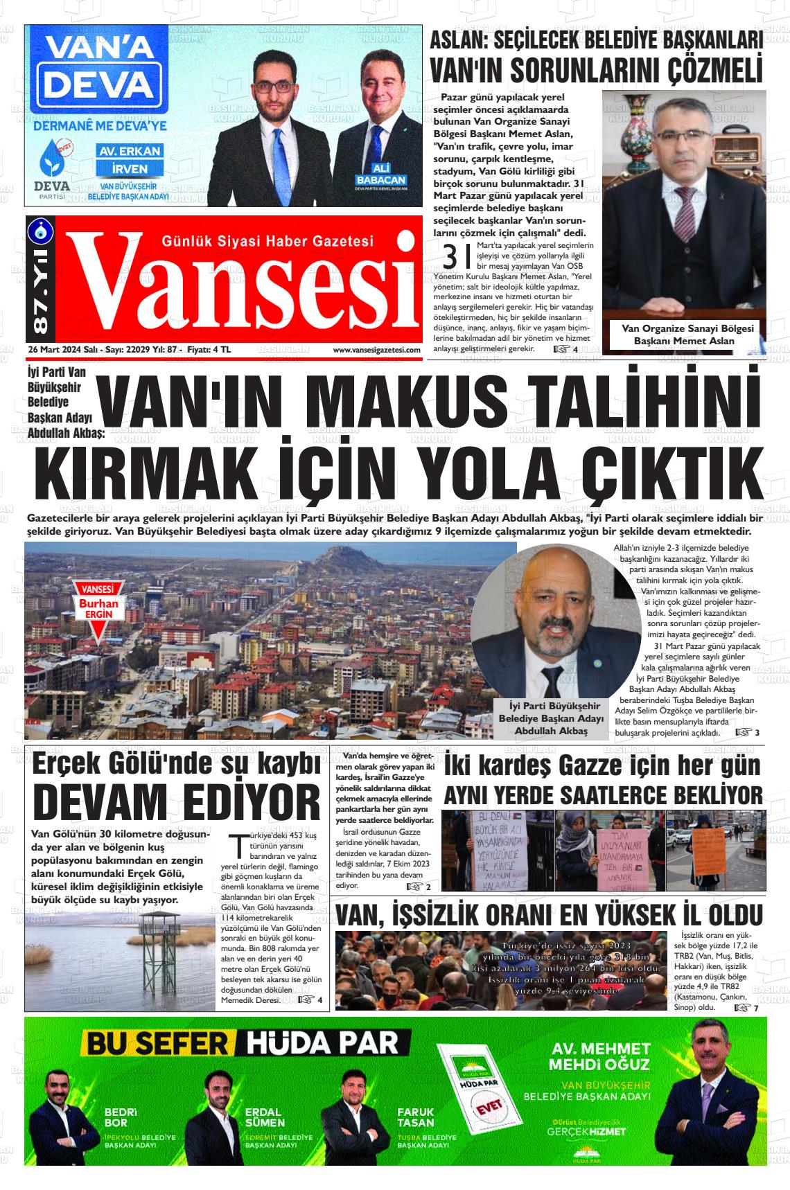 26 Mart 2024 Vansesi Gazete Manşeti