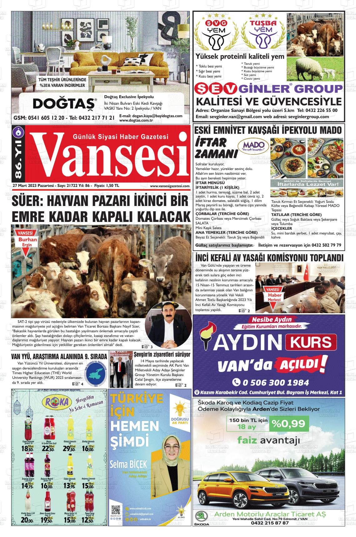 27 Mart 2023 Vansesi Gazete Manşeti