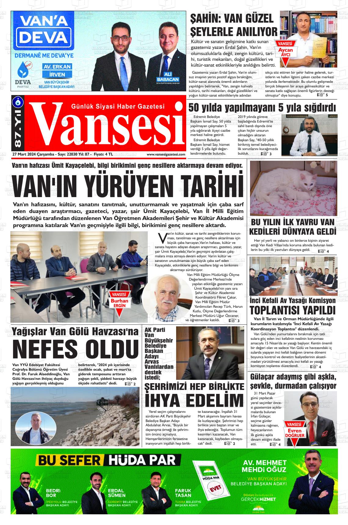 27 Mart 2024 Vansesi Gazete Manşeti