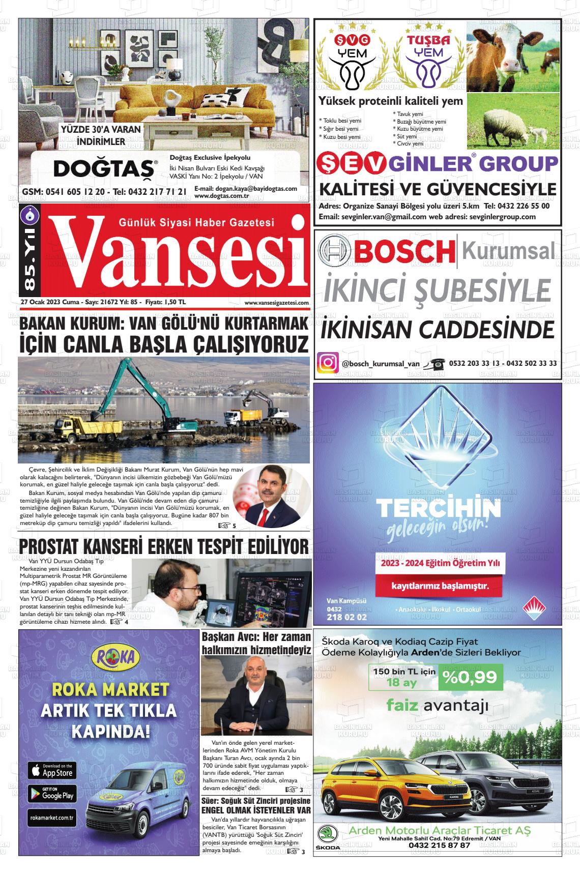 27 Ocak 2023 Vansesi Gazete Manşeti