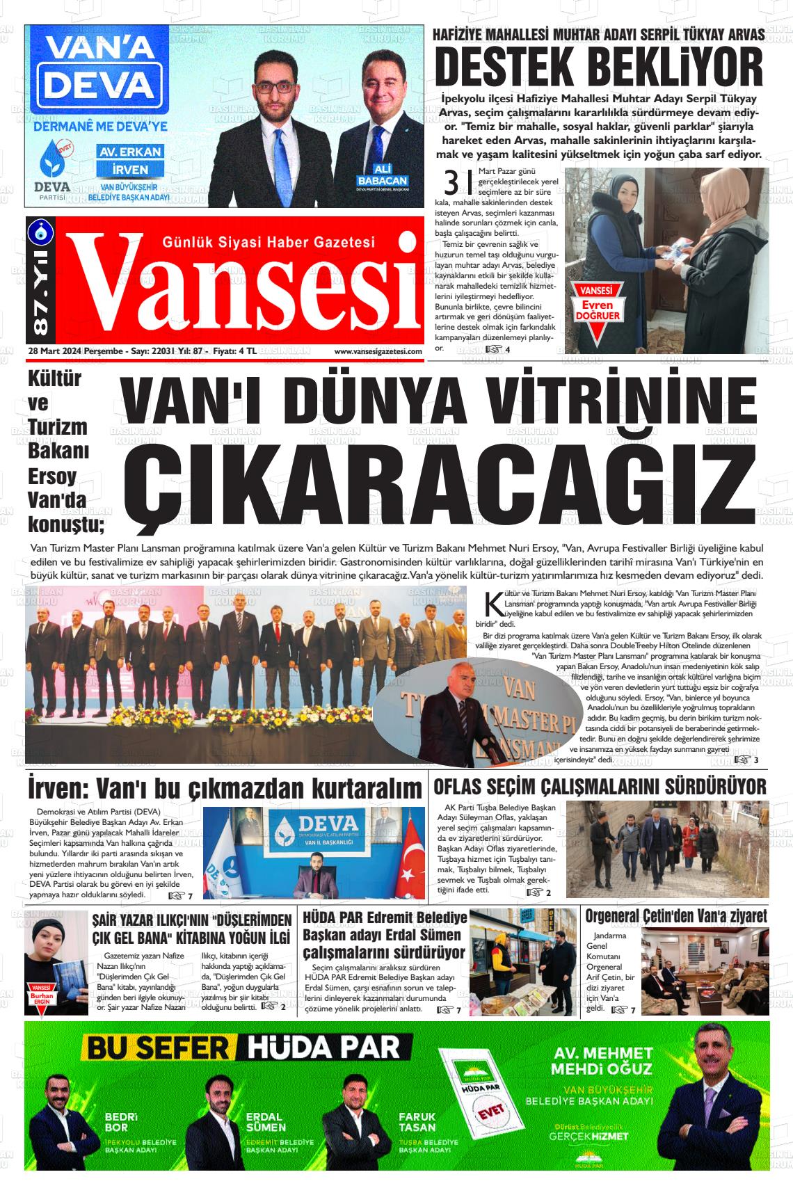 28 Mart 2024 Vansesi Gazete Manşeti