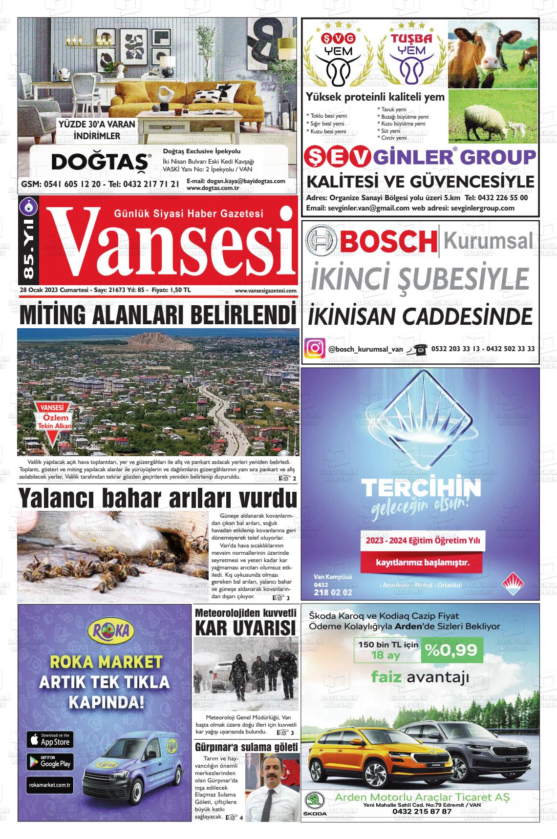 28 Ocak 2023 Vansesi Gazete Manşeti