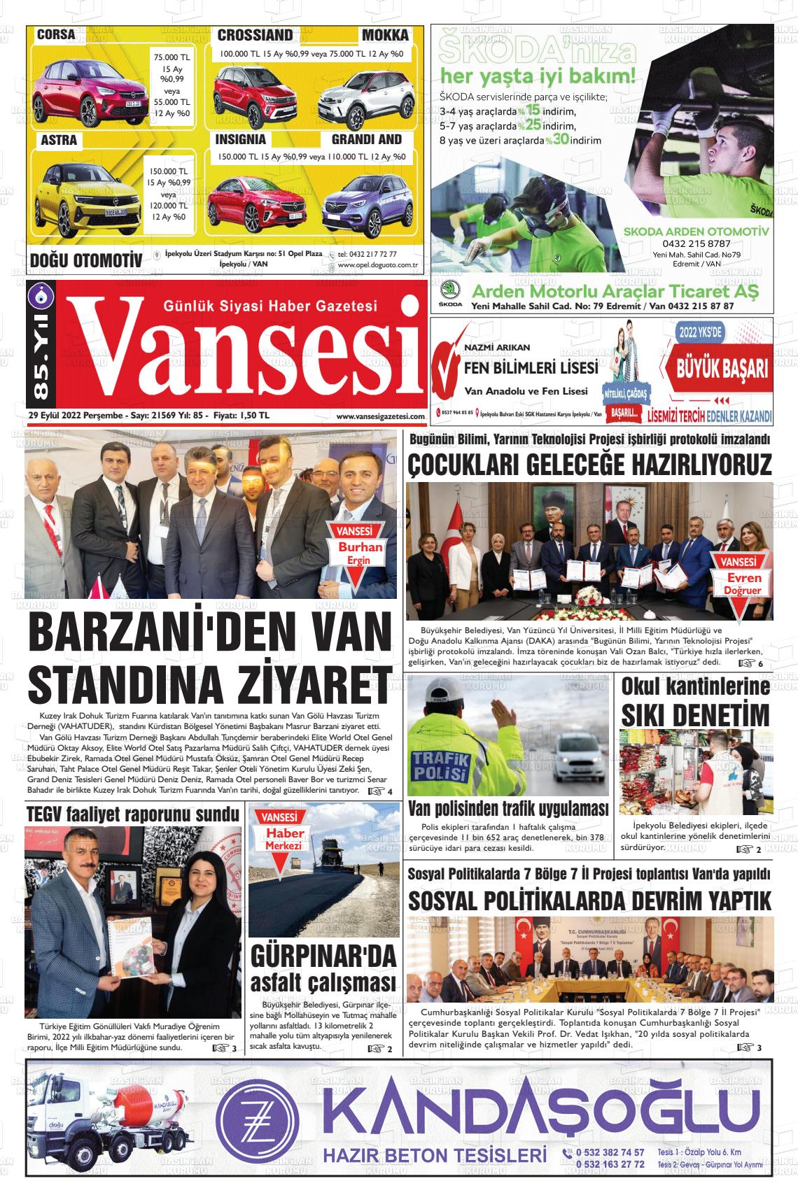 29 Eylül 2022 Vansesi Gazete Manşeti