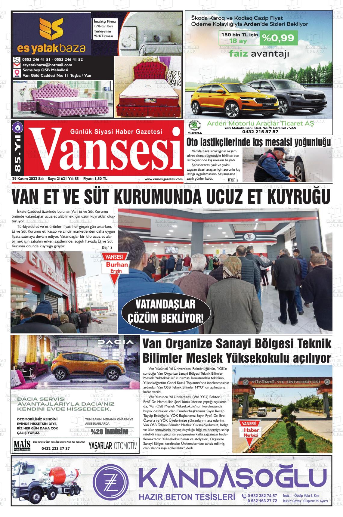 29 Kasım 2022 Vansesi Gazete Manşeti