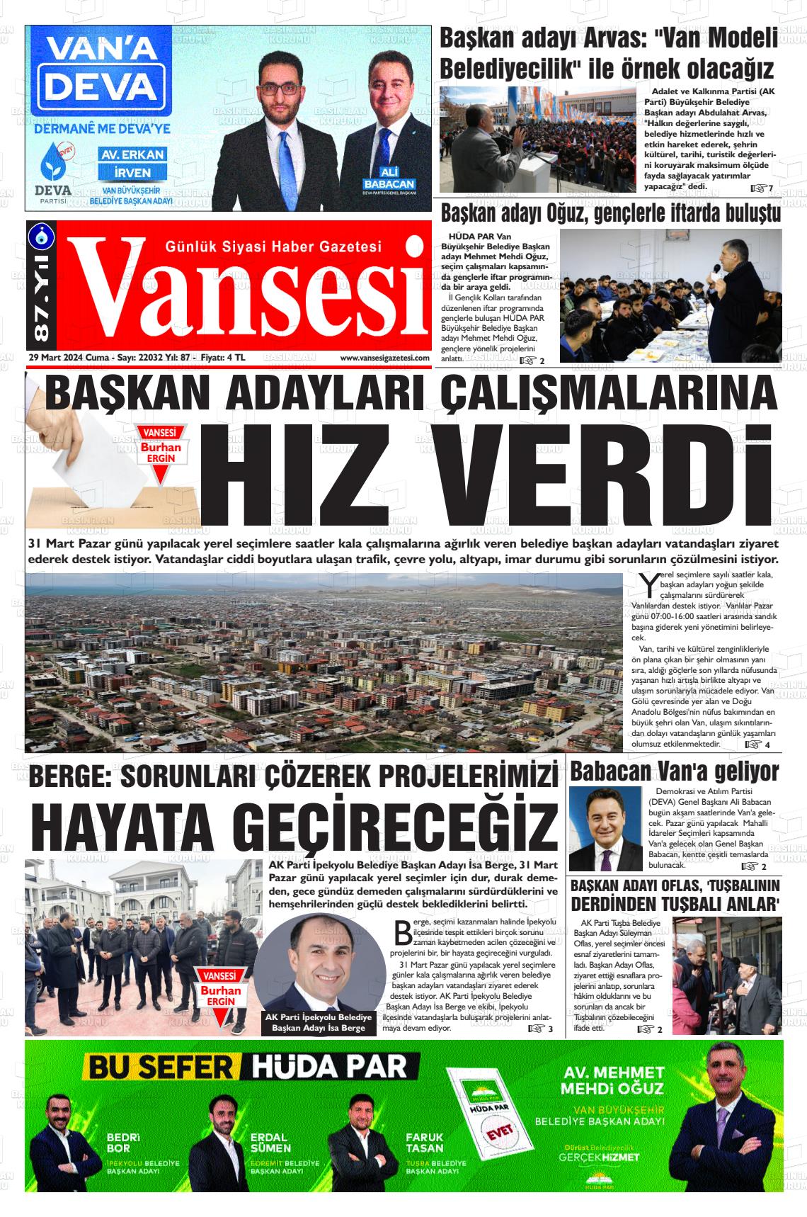 29 Mart 2024 Vansesi Gazete Manşeti
