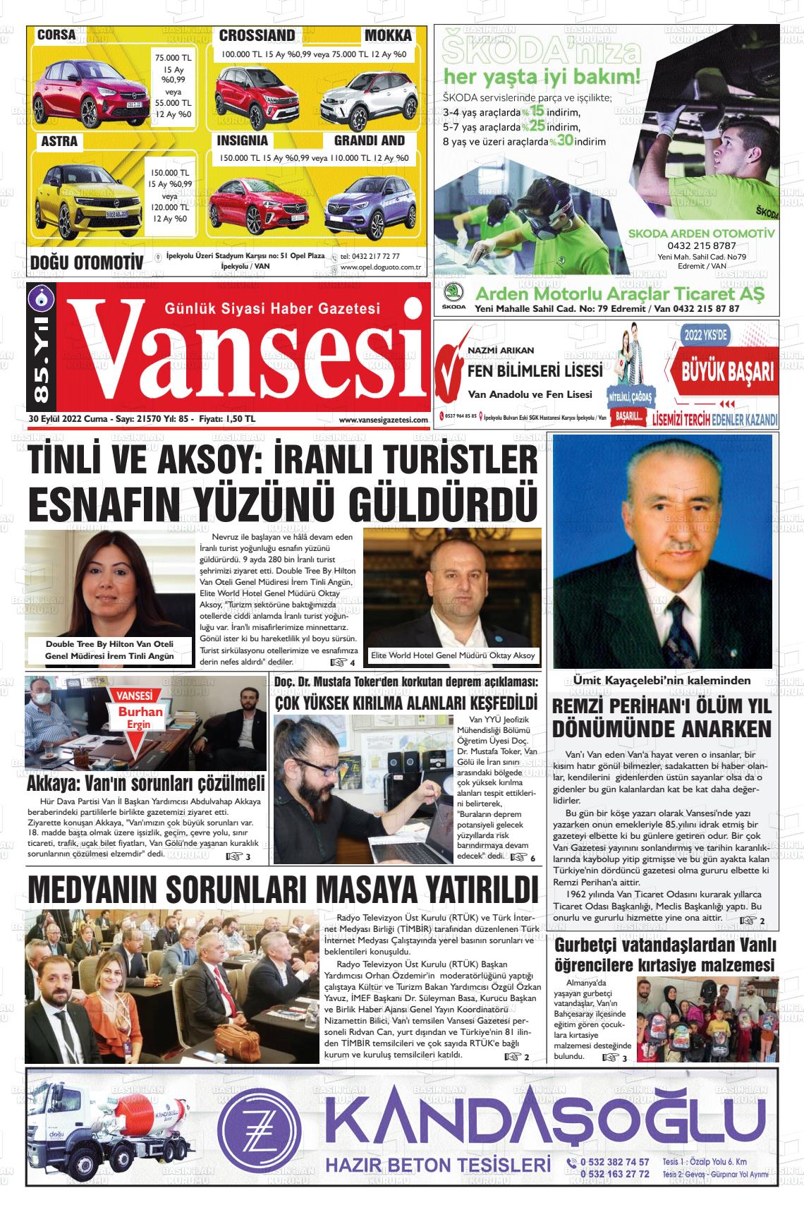 30 Eylül 2022 Vansesi Gazete Manşeti