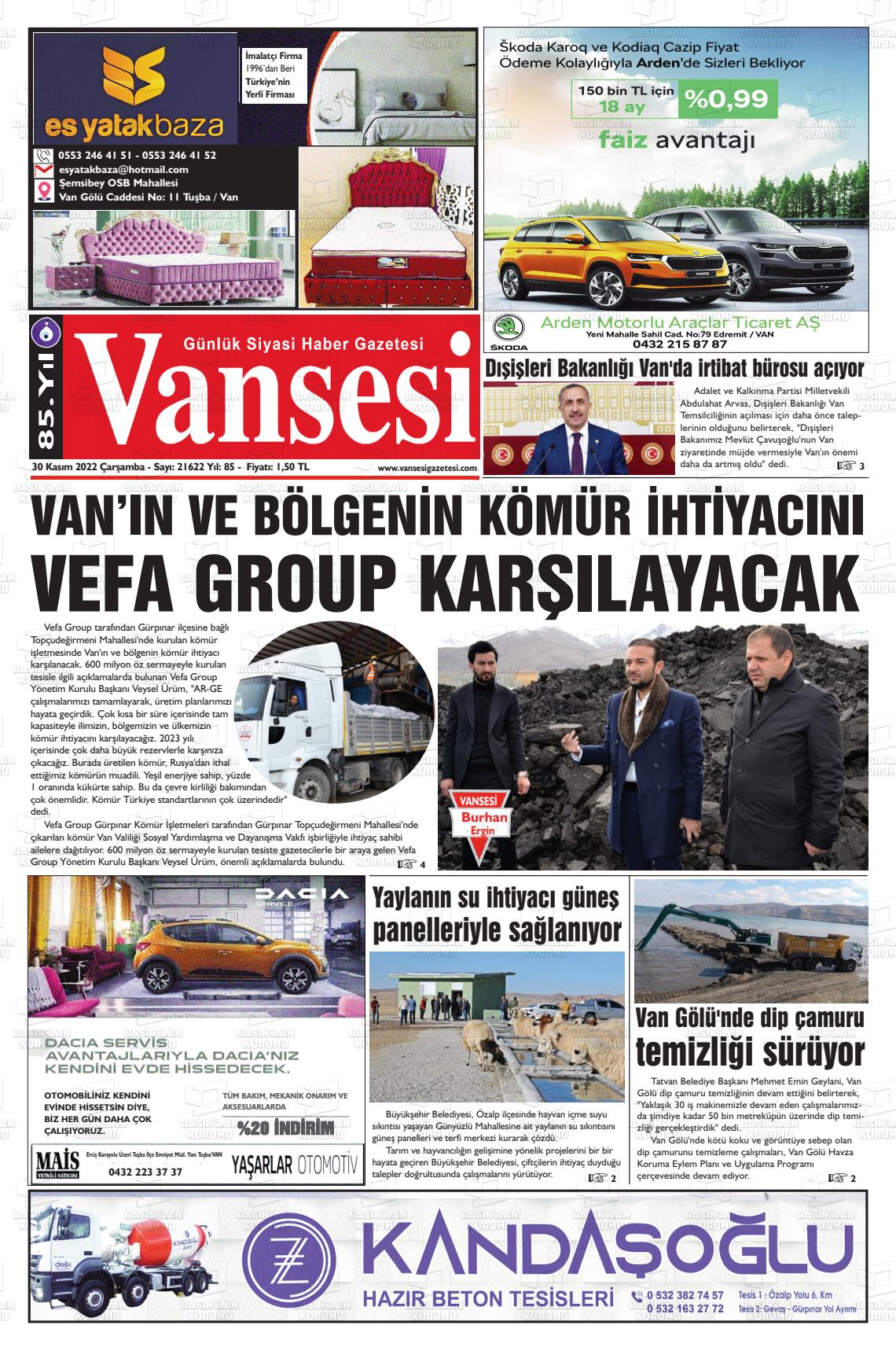 30 Kasım 2022 Vansesi Gazete Manşeti