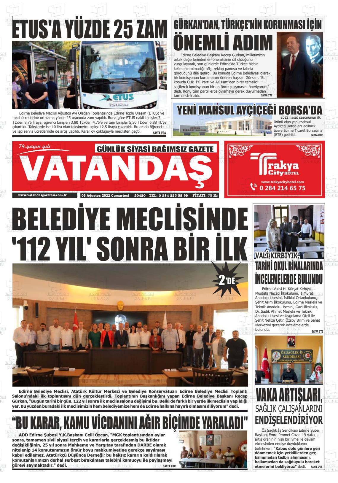 06 Ağustos 2022 Vatandaş Gazete Manşeti