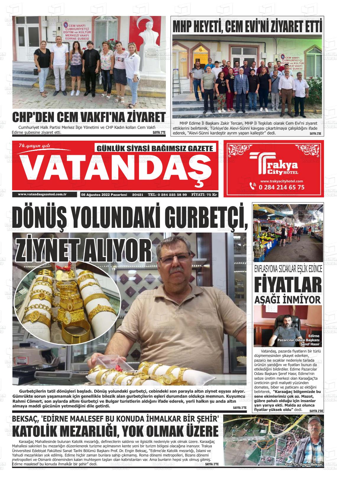 08 Ağustos 2022 Vatandaş Gazete Manşeti