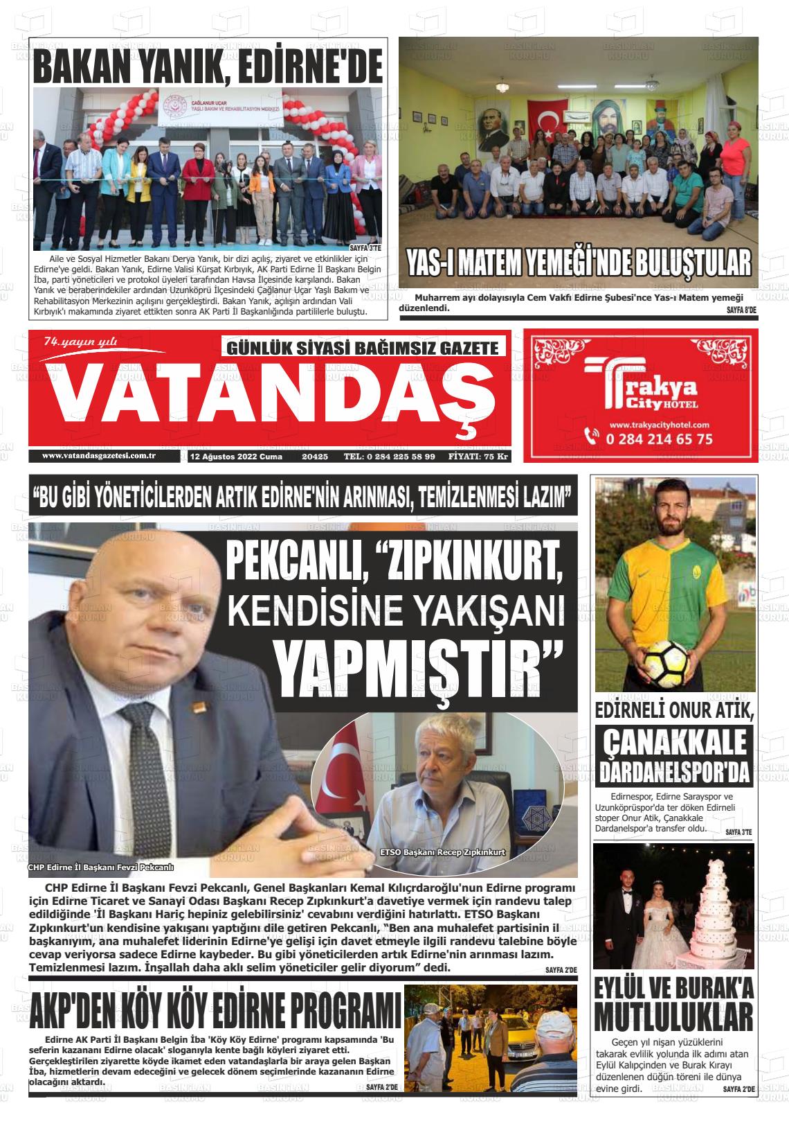 12 Ağustos 2022 Vatandaş Gazete Manşeti