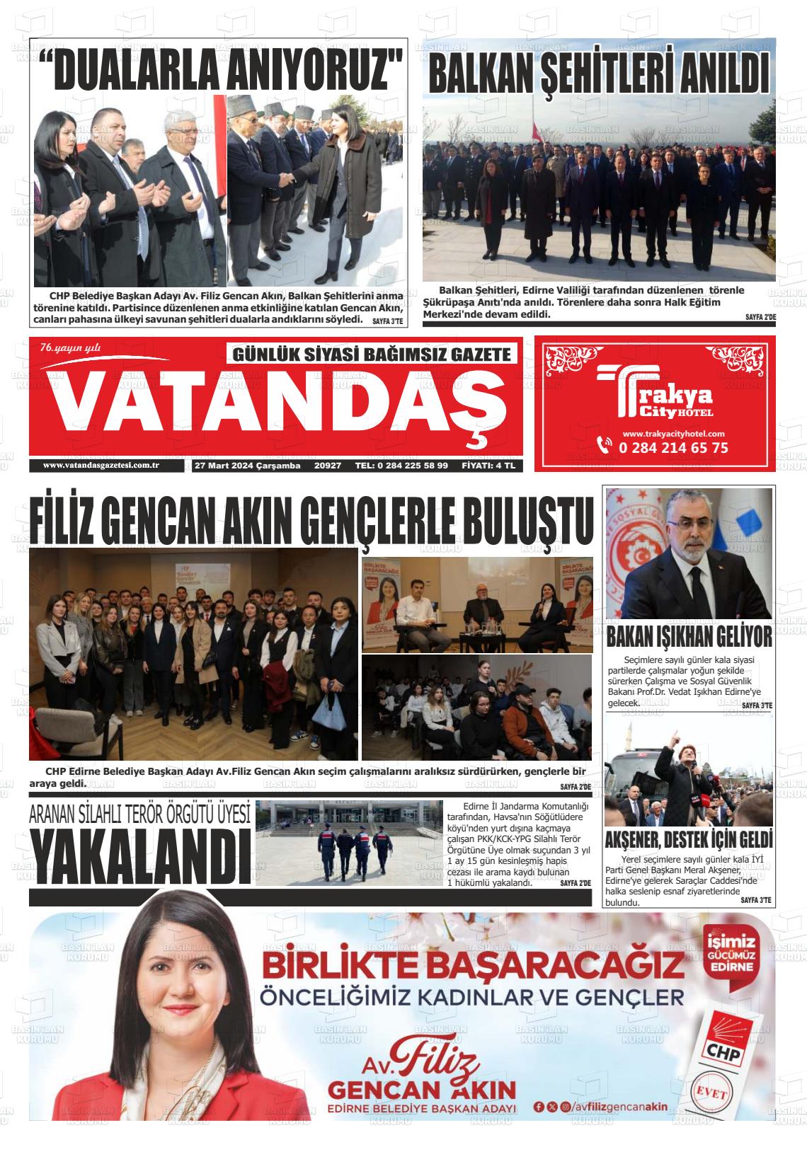 27 Mart 2024 Vatandaş Gazete Manşeti