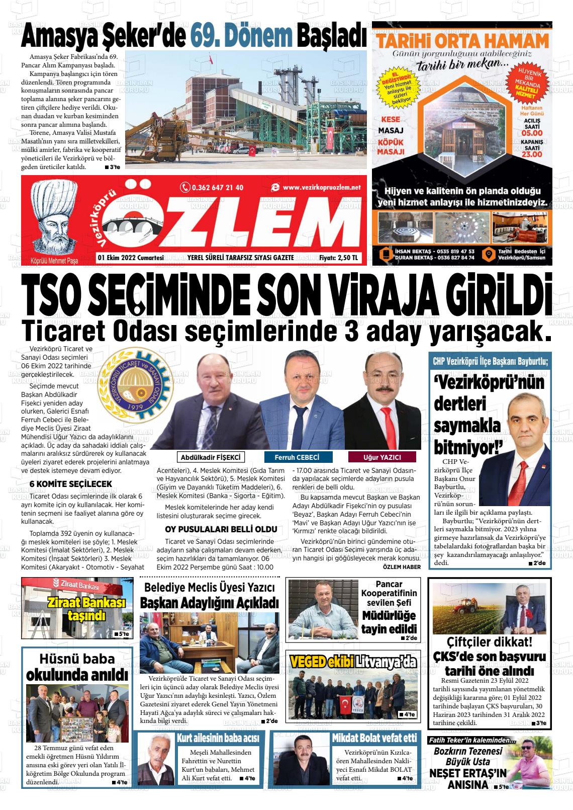 01 Ekim 2022 Vezirköprü Özlem Gazete Manşeti