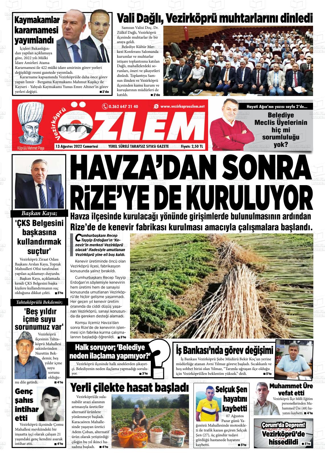 13 Ağustos 2022 Vezirköprü Özlem Gazete Manşeti
