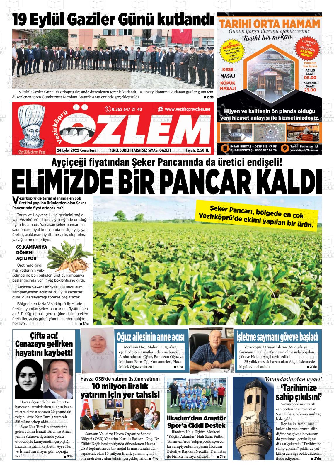 24 Eylül 2022 Vezirköprü Özlem Gazete Manşeti