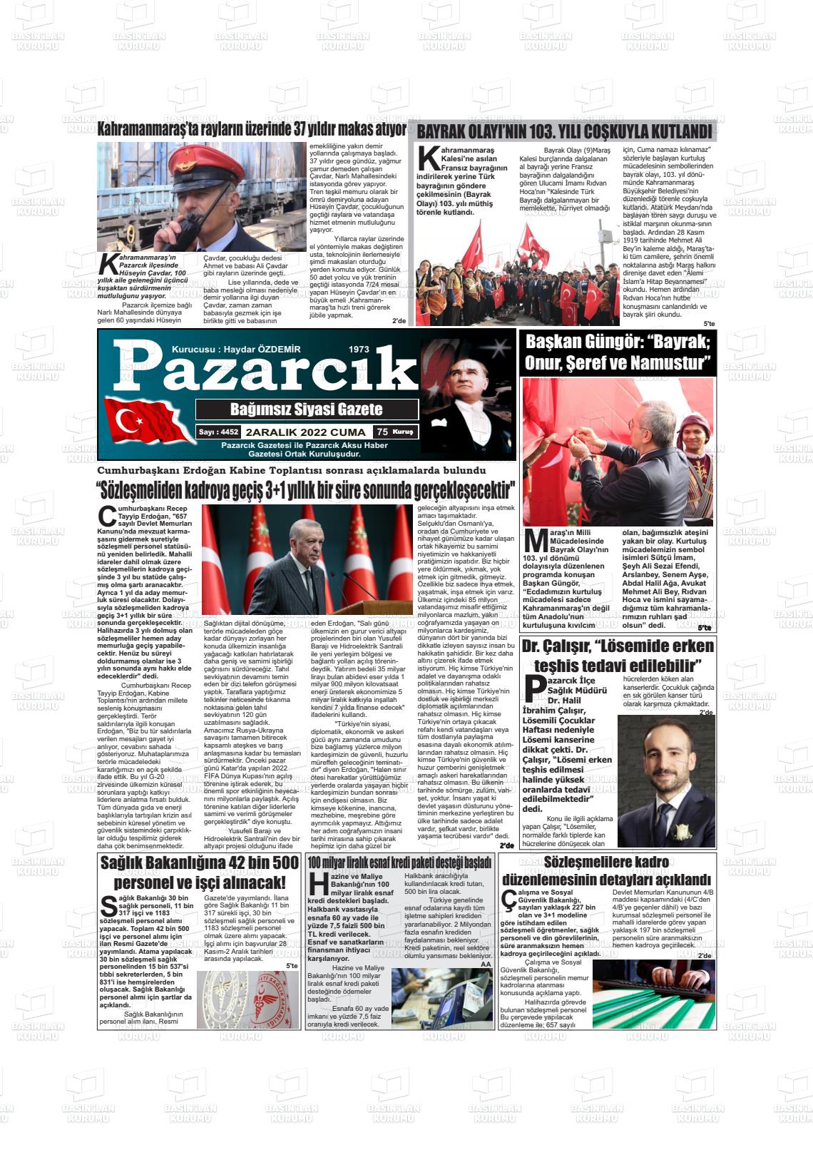 02 Aralık 2022 Pazarcık Gazete Manşeti