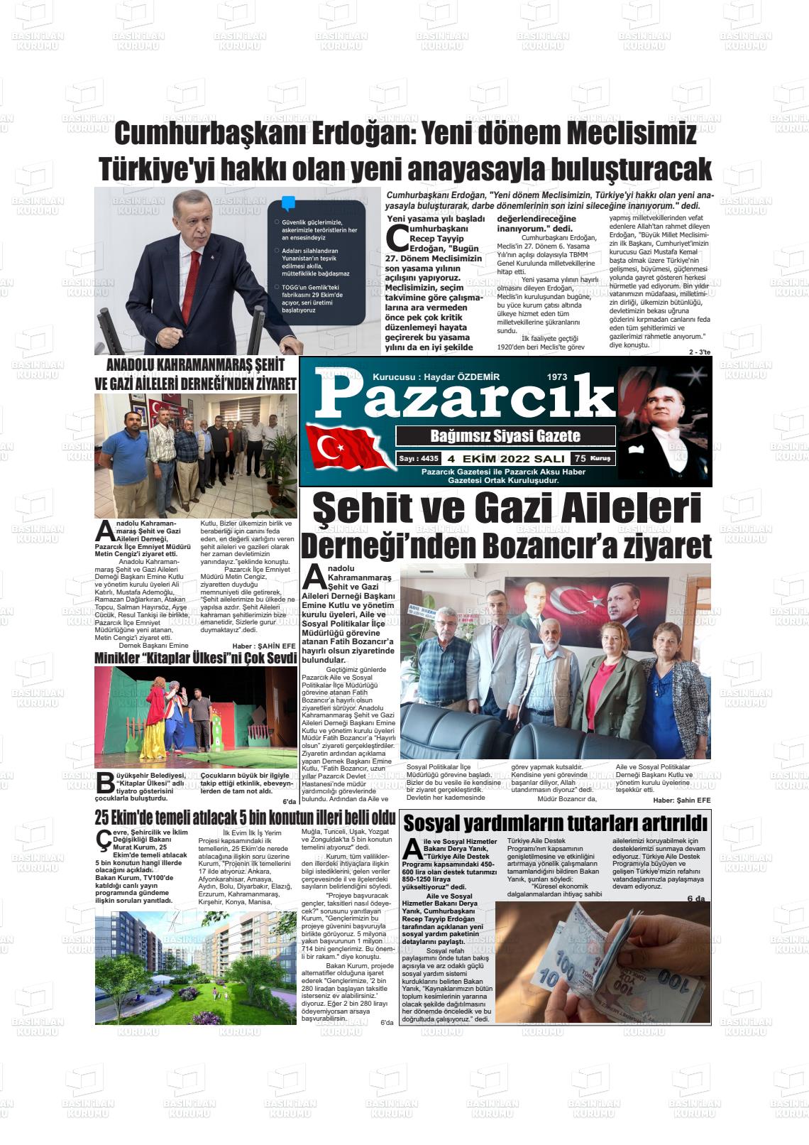 04 Ekim 2022 Pazarcık Gazete Manşeti
