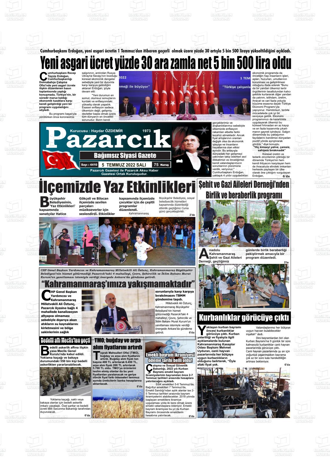 05 Temmuz 2022 Pazarcık Gazete Manşeti